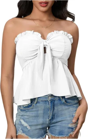 SOLY HUX Women's Frill Trim Tie Front Tube Top Sleeveless Strapless Ruffle Summer Tops