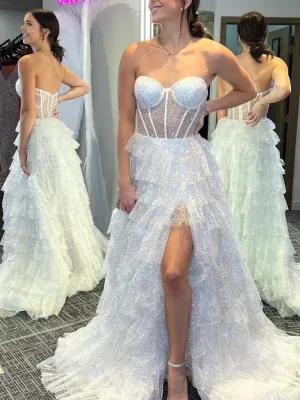 Strapless Sequins Tulle Ruffle Formal Evening Dresses White Long Formal Evening Dresse Prom Dresses Wedding Dresses with High Slit