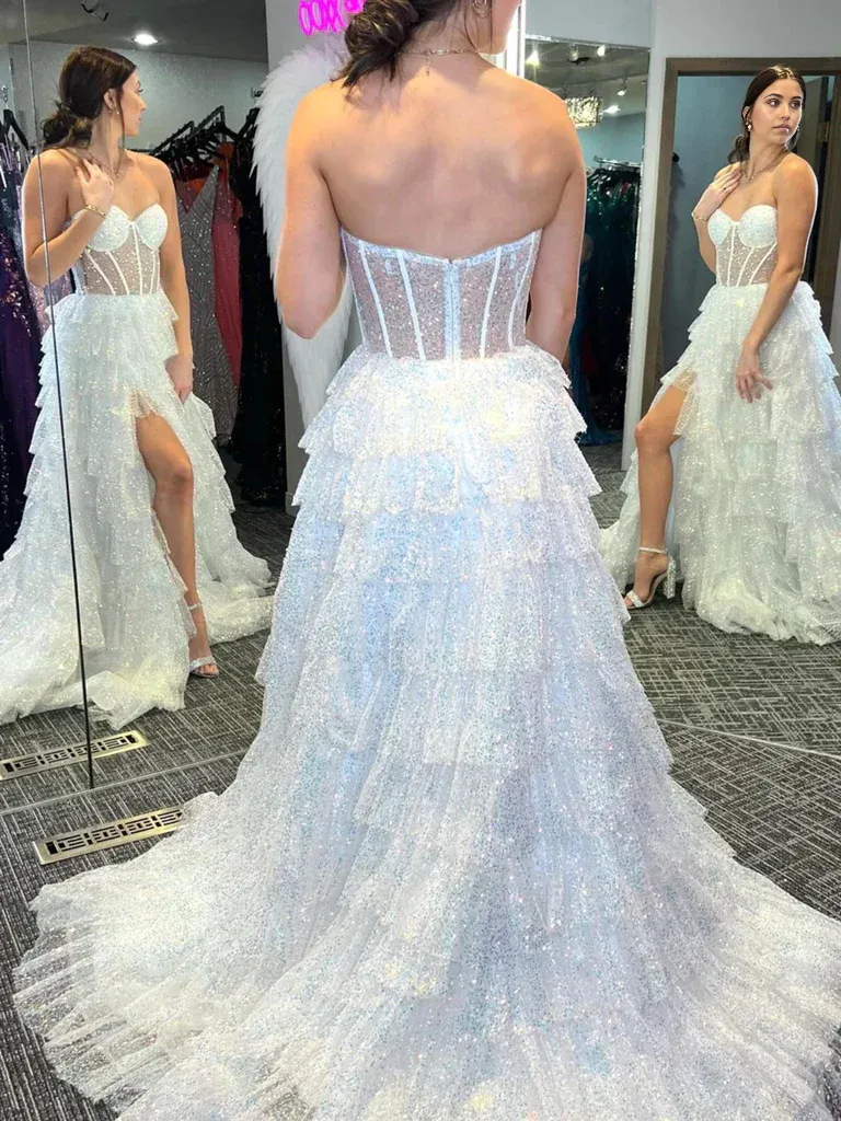 Strapless Sequins Tulle Ruffle Formal Evening Dresses White Long Formal Evening Dresse Prom Dresses Wedding Dresses with High Slit