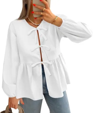 Tankaneo Womens Tie Front Tops Blouses Long Puff Sleeve Peplum Babydoll Bow Shirt Summer Coquette Tops