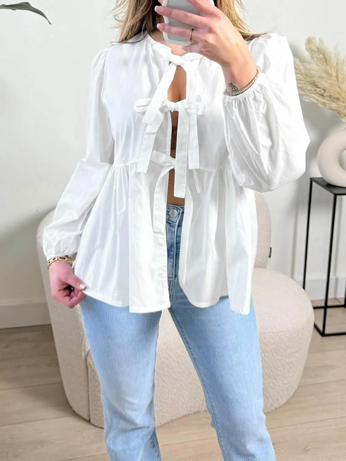 Tankaneo Womens Tie Front Tops Blouses Long Puff Sleeve Peplum Babydoll Bow Shirt Summer Coquette Tops