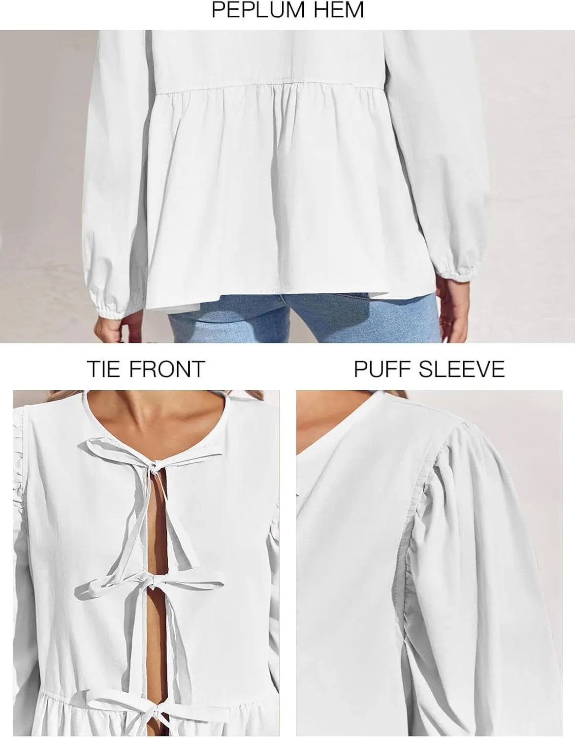 Tankaneo Womens Tie Front Tops Blouses Long Puff Sleeve Peplum Babydoll Bow Shirt Summer Coquette Tops