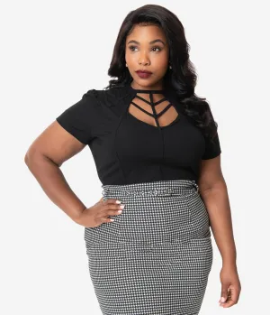 Unique Vintage Plus Size Black Cage Knit Short Sleeve Lanie Top