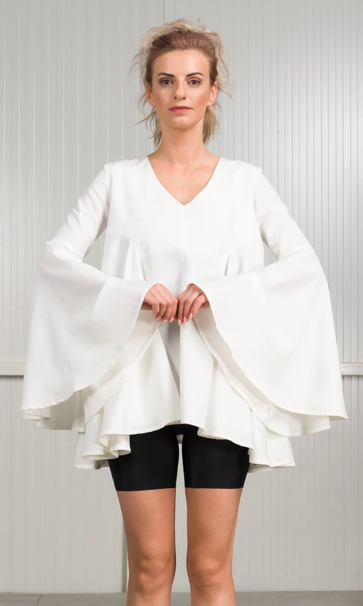 V-neck Blouse with Flaring Sleeves