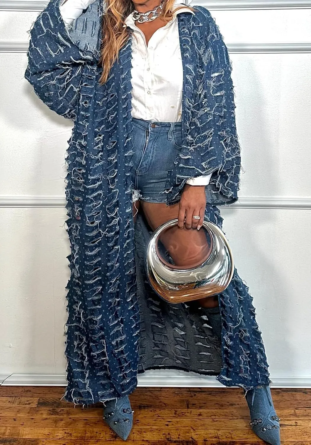 Vaceky Denim Duster Cardigans Women Y2K Distressed Lightweight Ripped Jean Long Jackets