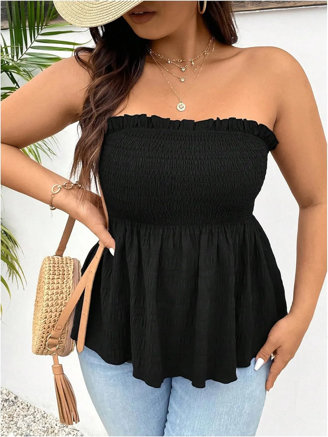 WDIRARA Women's Plus Size Strapless Ruffle Hem Tube Top Smocked Bandeau Peplum Tops