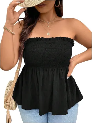 WDIRARA Women's Plus Size Strapless Ruffle Hem Tube Top Smocked Bandeau Peplum Tops