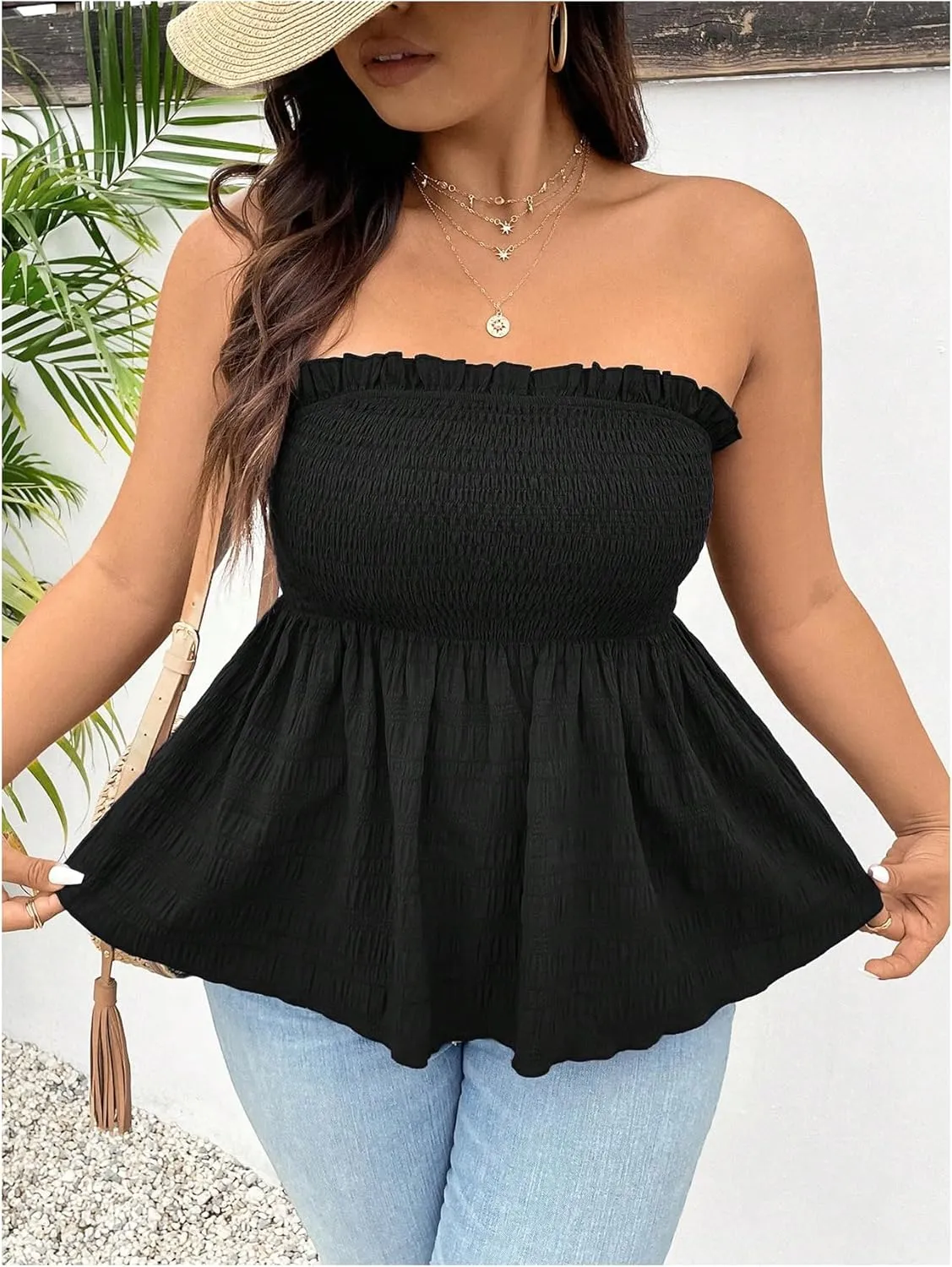 WDIRARA Women's Plus Size Strapless Ruffle Hem Tube Top Smocked Bandeau Peplum Tops