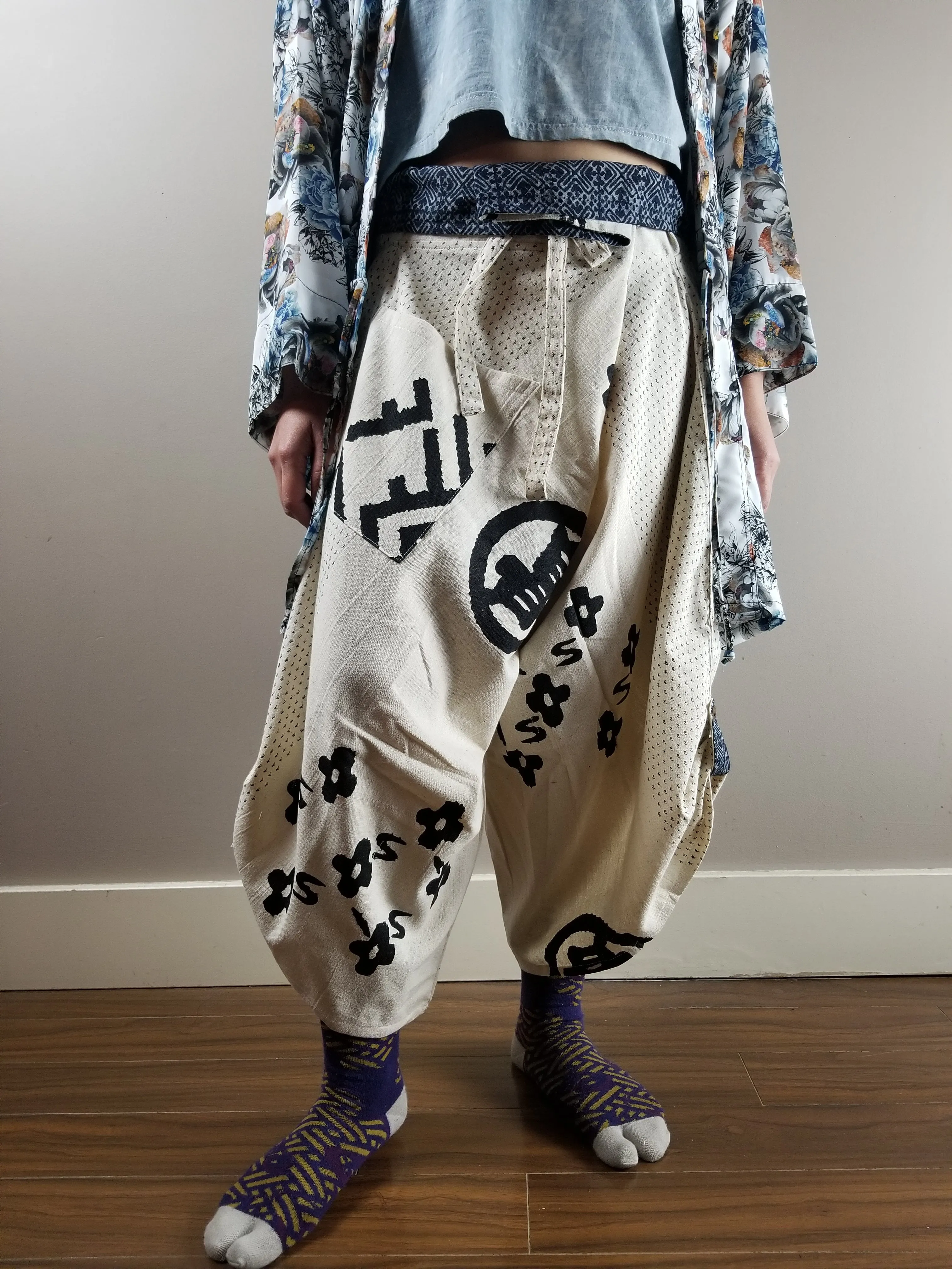 White Takeda Waist Tied Samurai Pants