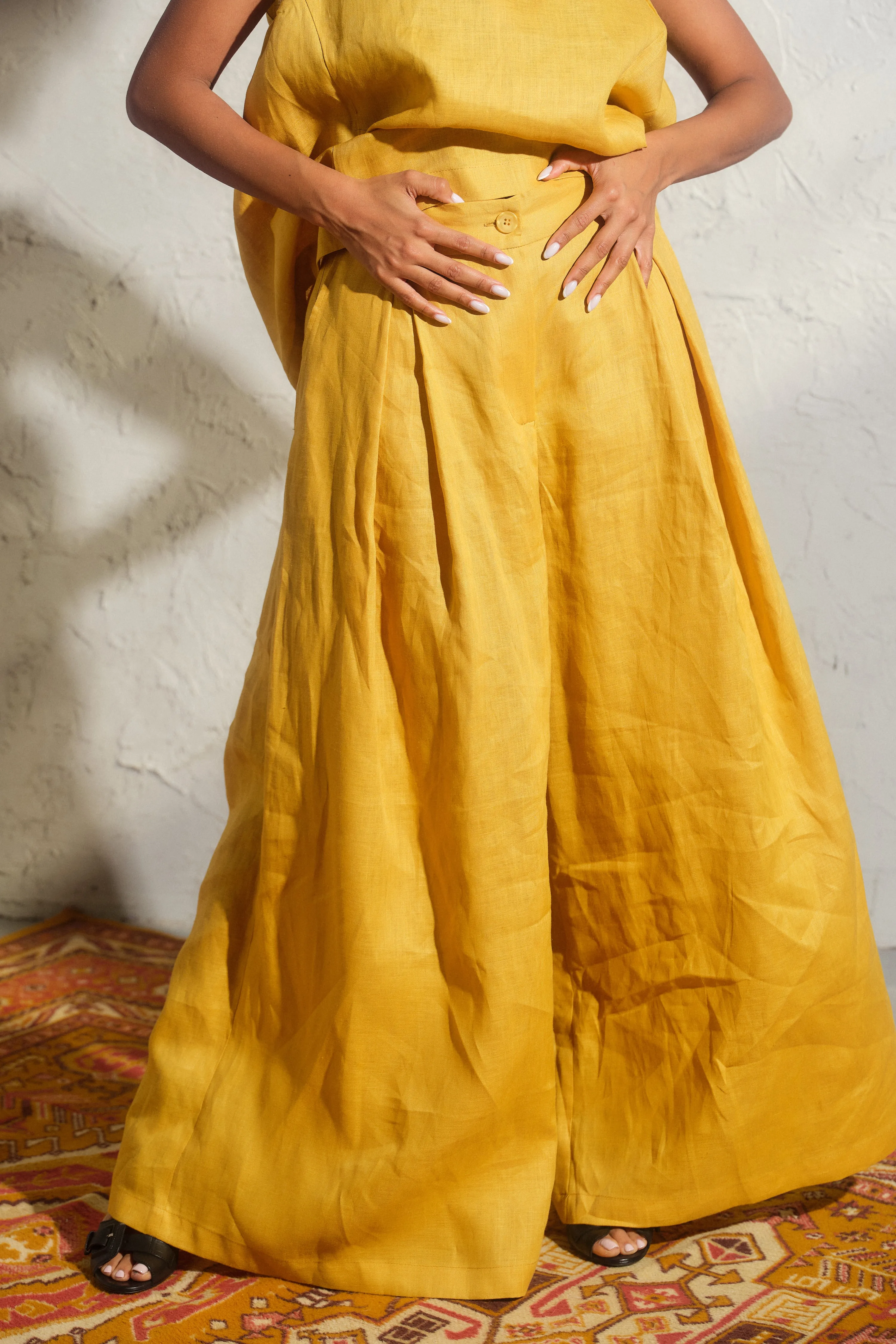 Wide leg linen skirt pants with pleats in Mustard