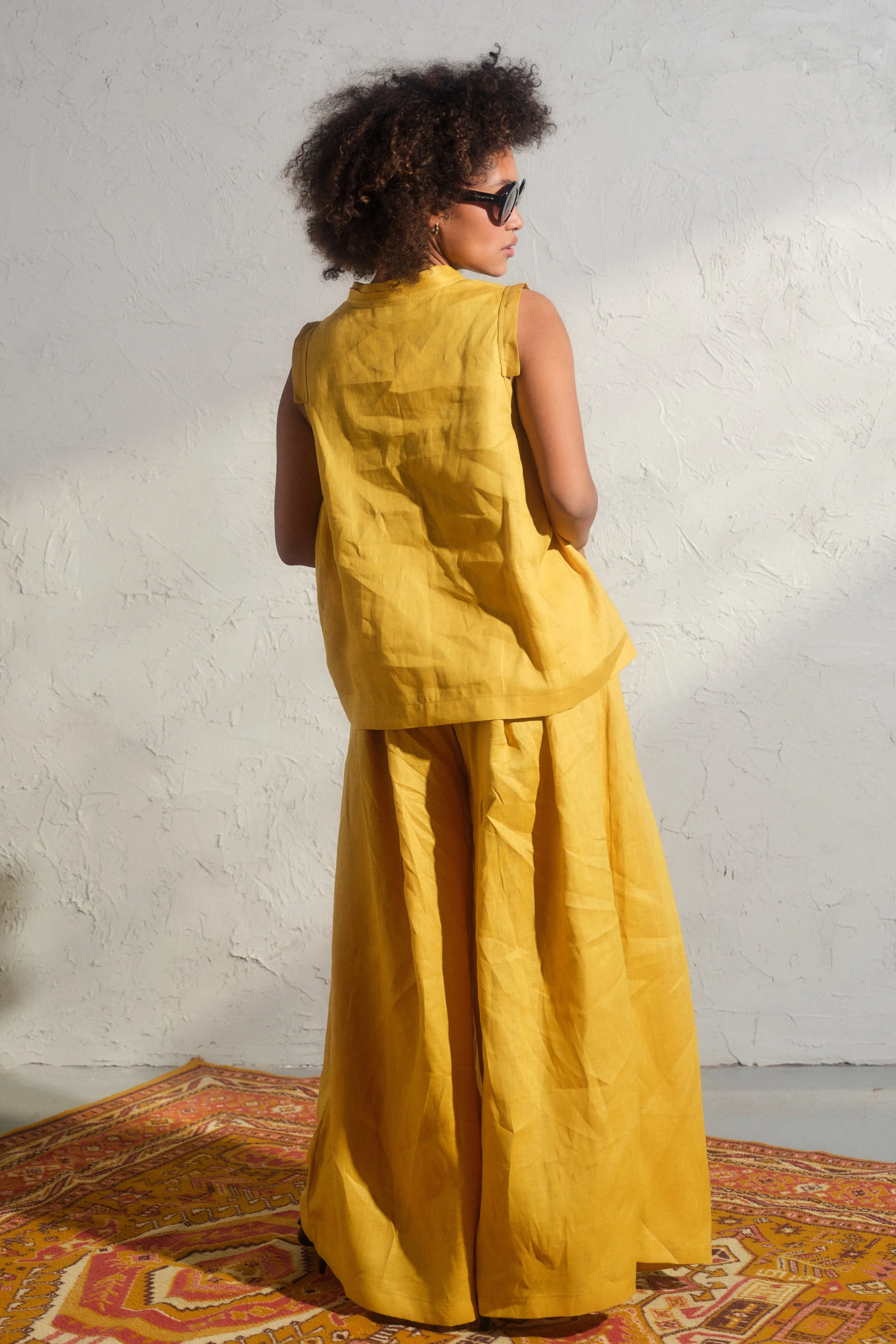 Wide leg linen skirt pants with pleats in Mustard