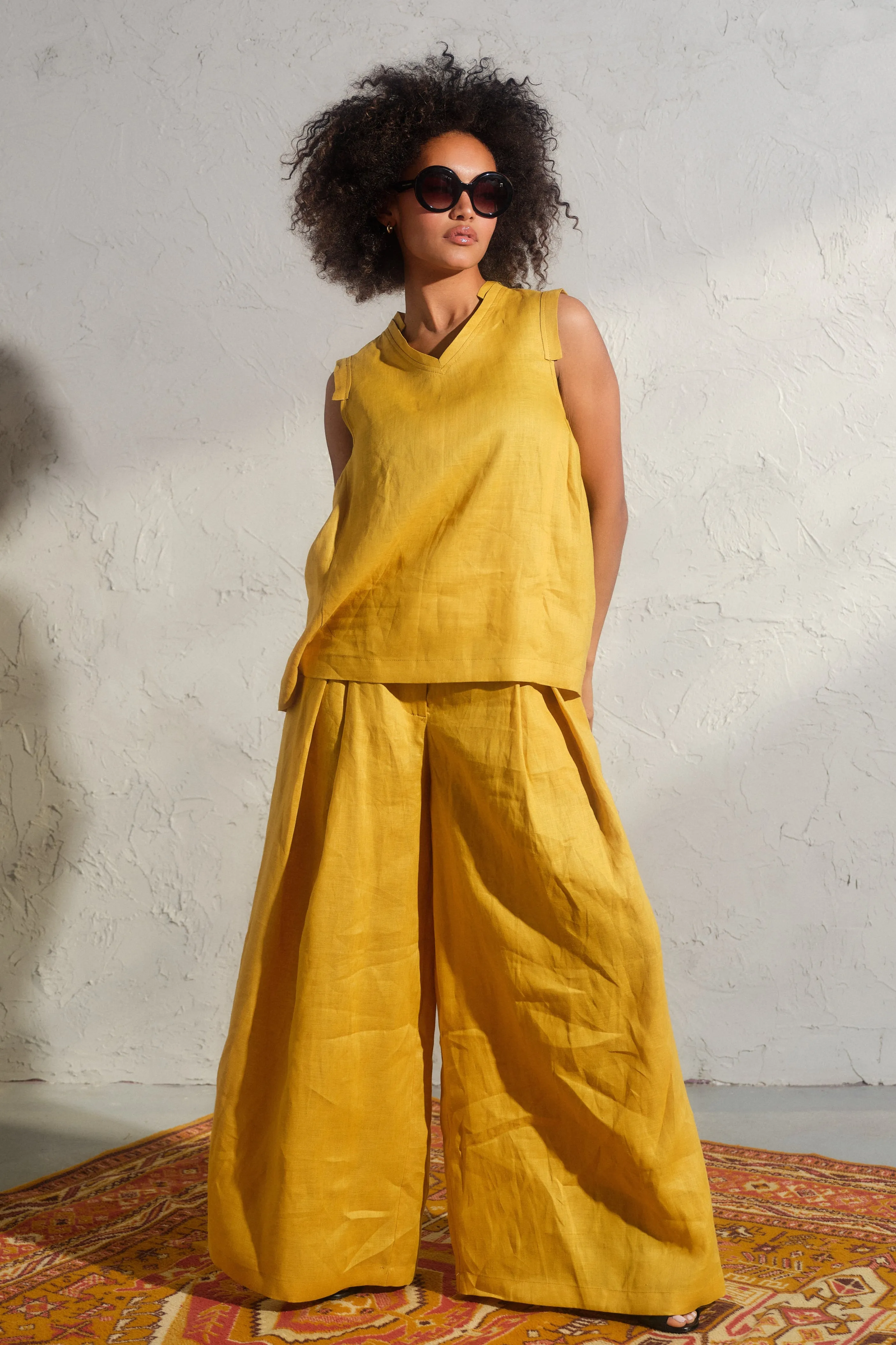 Wide leg linen skirt pants with pleats in Mustard