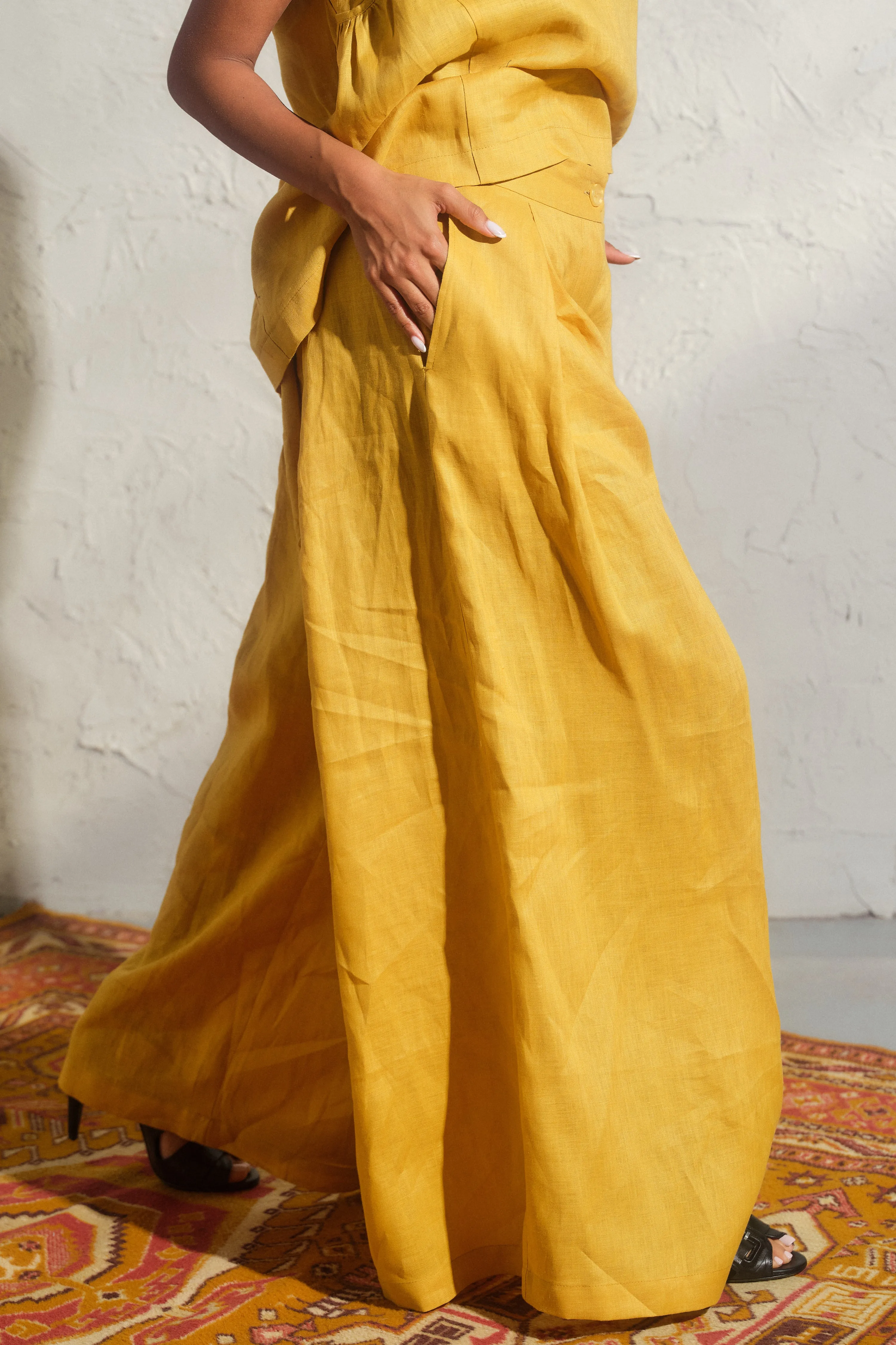 Wide leg linen skirt pants with pleats in Mustard