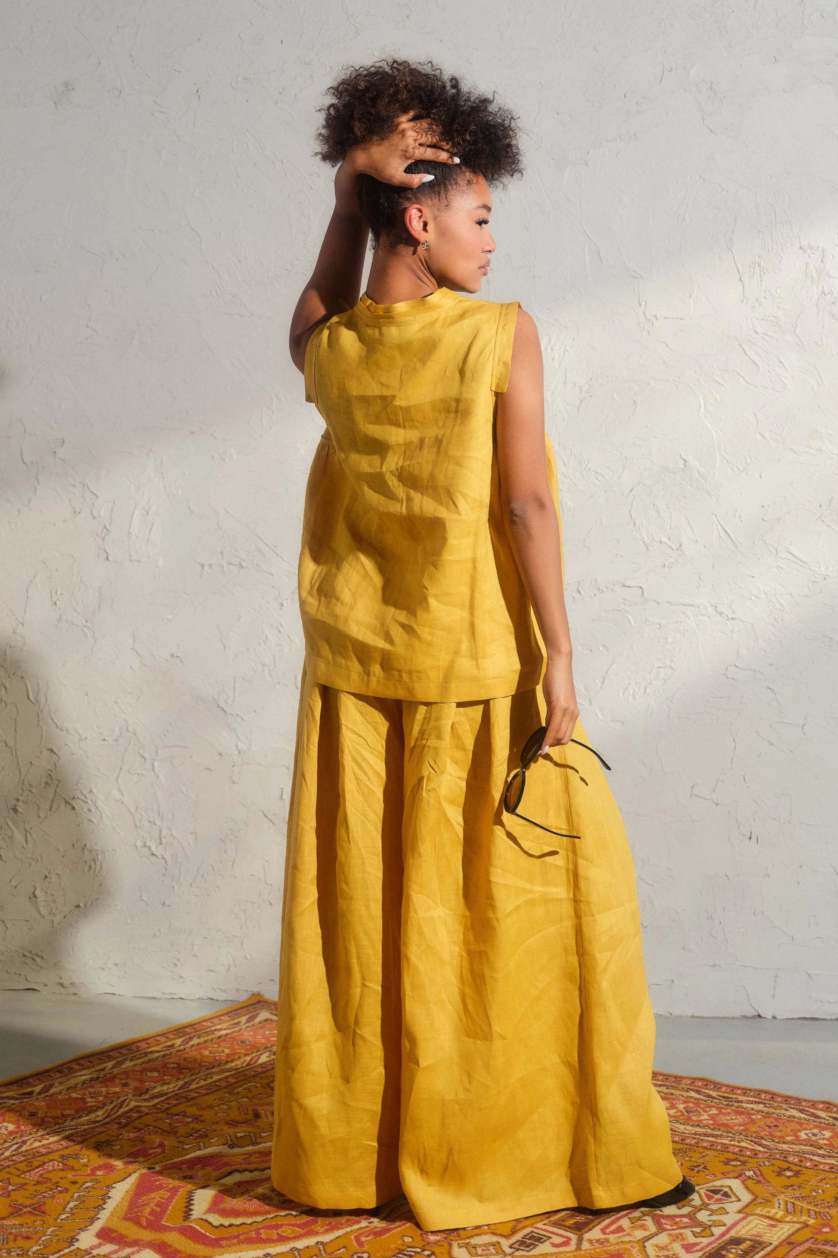 Wide leg linen skirt pants with pleats in Mustard