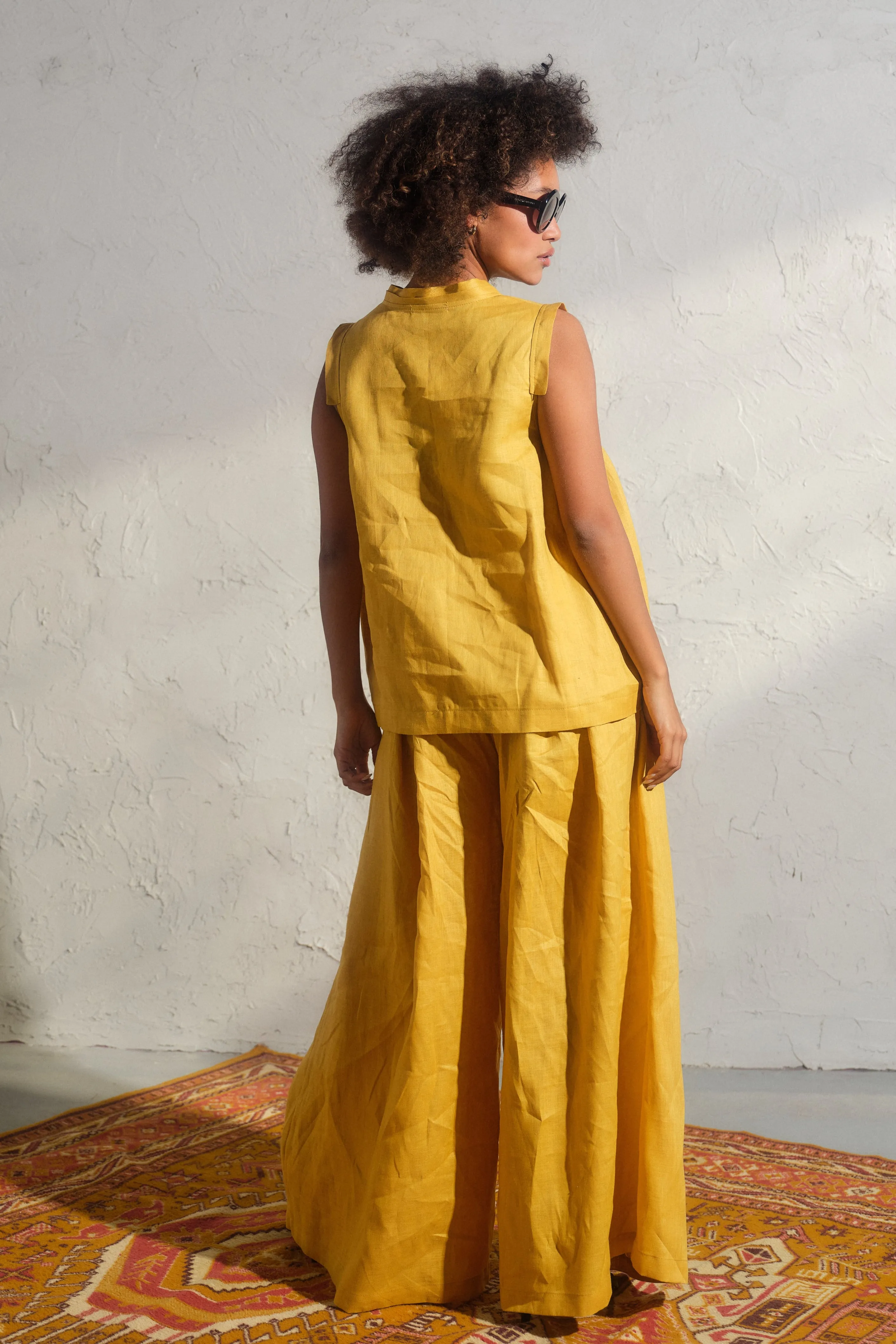Wide leg linen skirt pants with pleats in Mustard