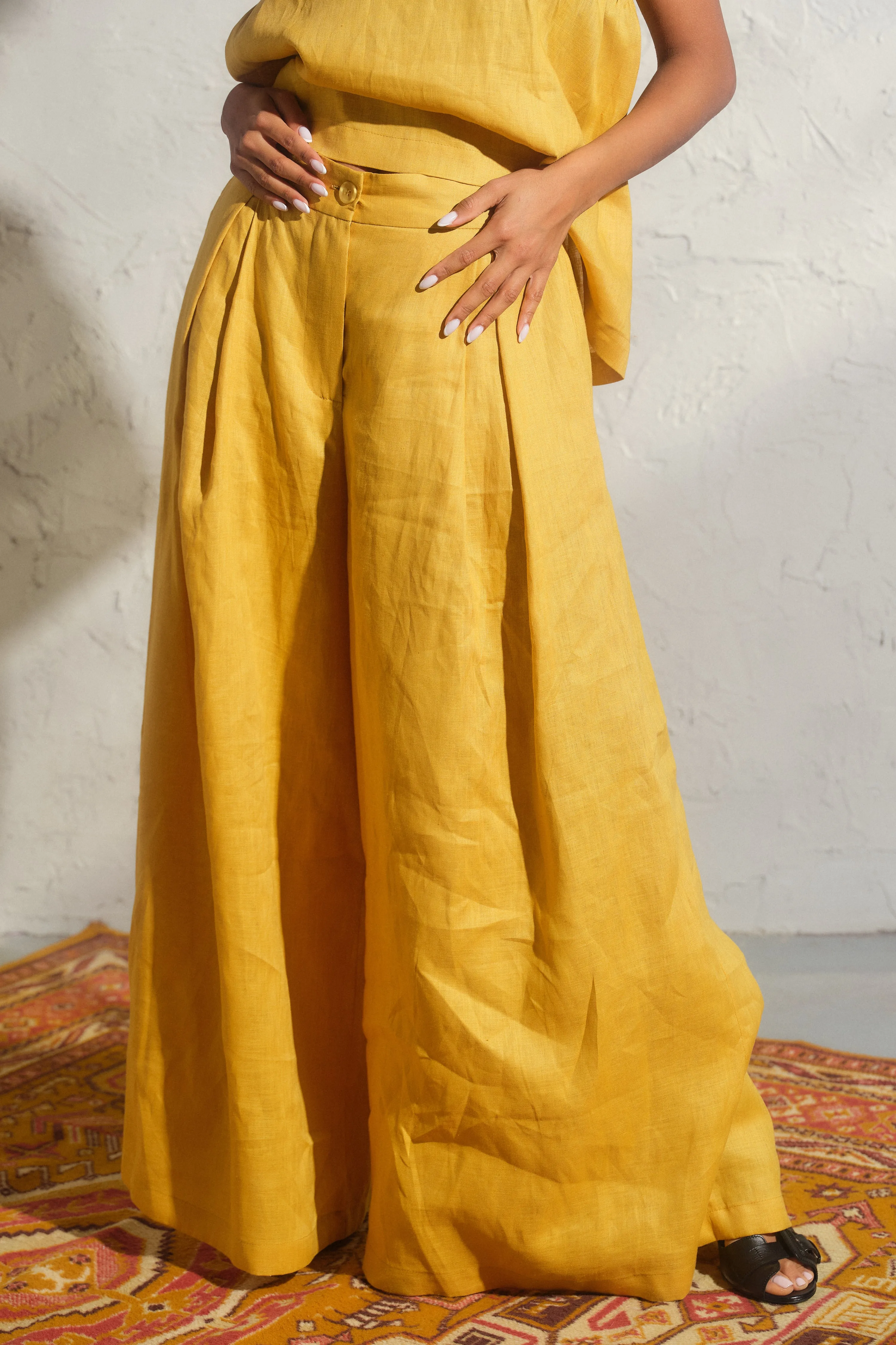 Wide leg linen skirt pants with pleats in Mustard