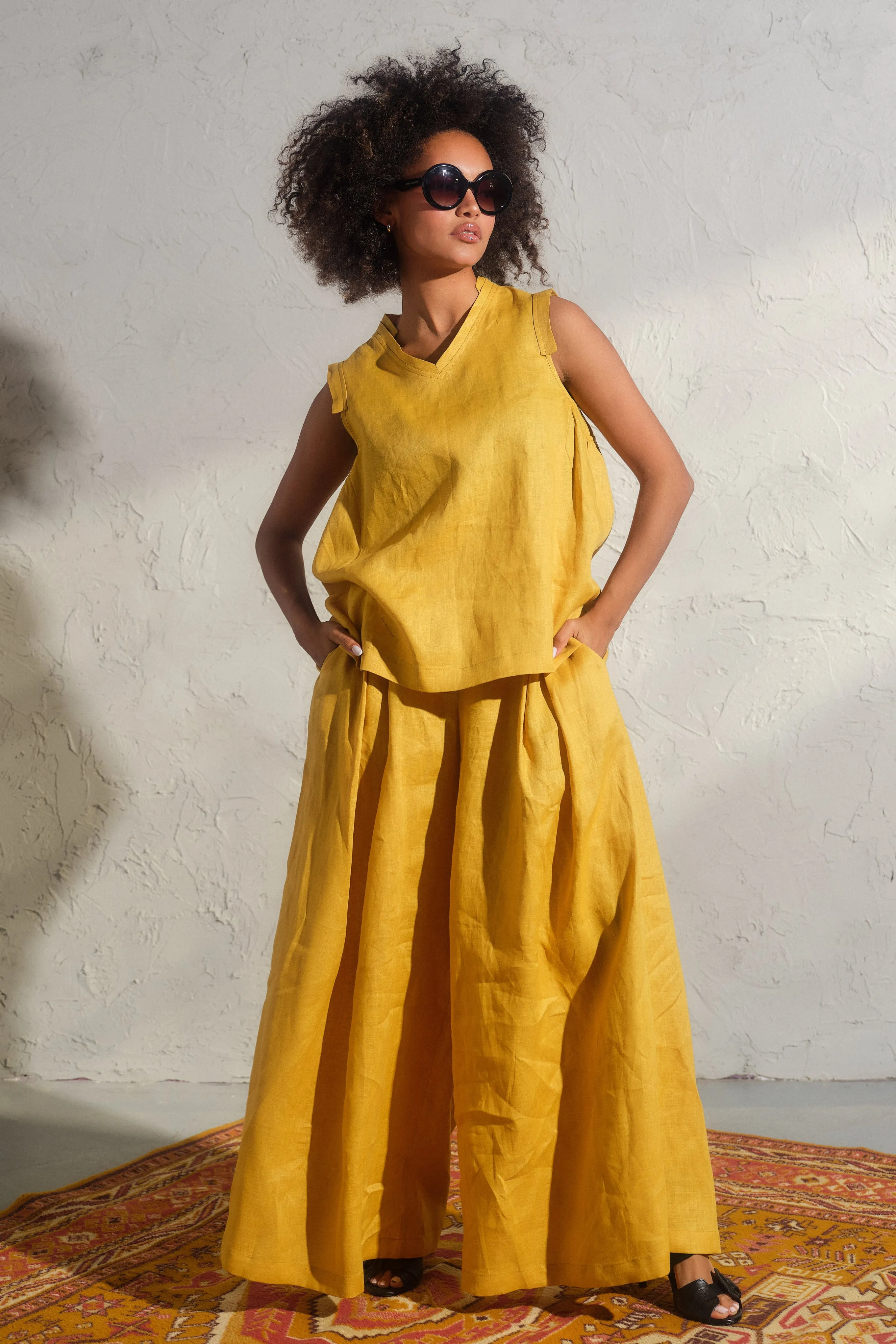 Wide leg linen skirt pants with pleats in Mustard