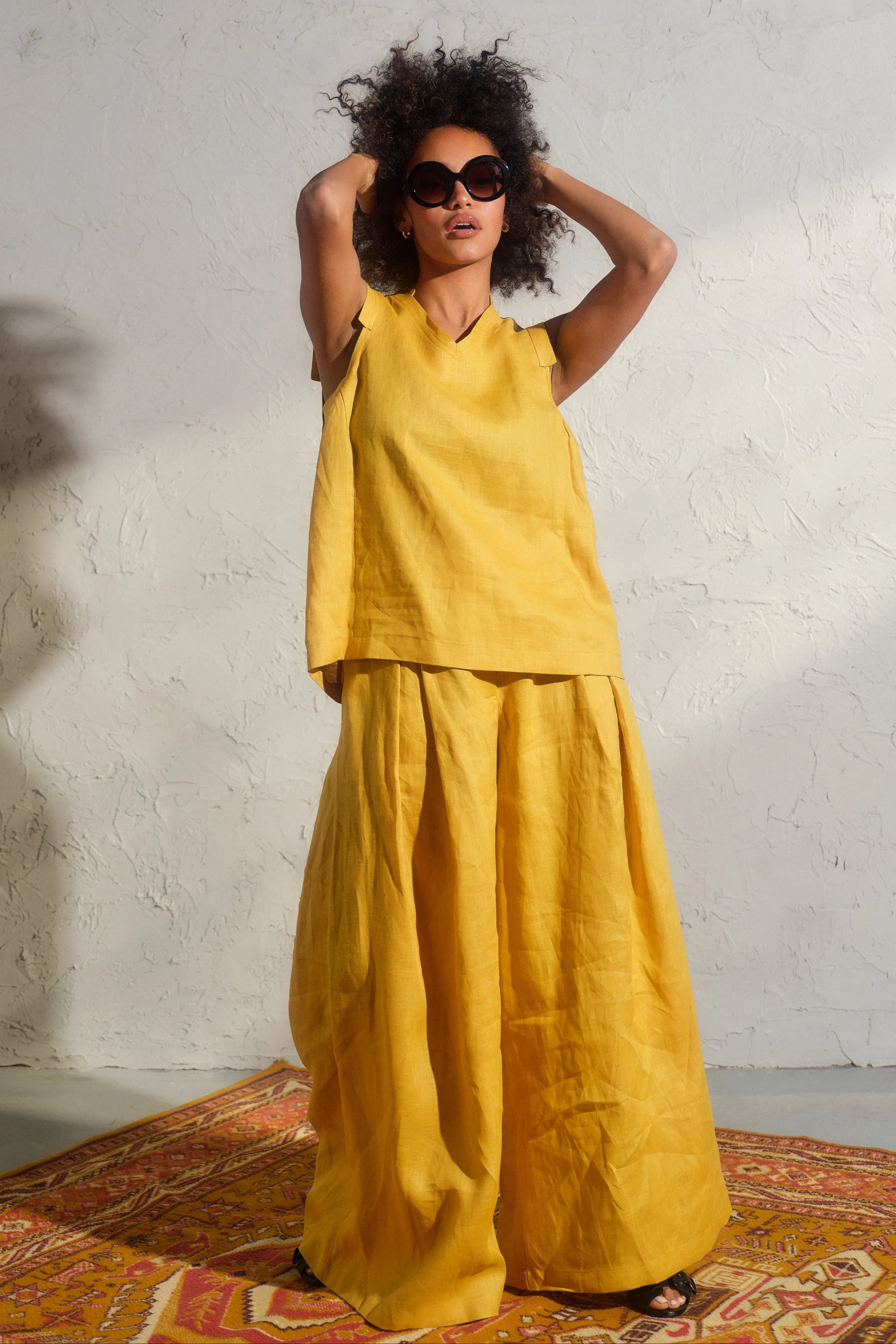 Wide leg linen skirt pants with pleats in Mustard