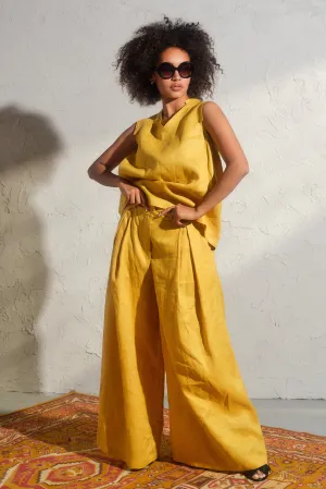 Wide leg linen skirt pants with pleats in Mustard