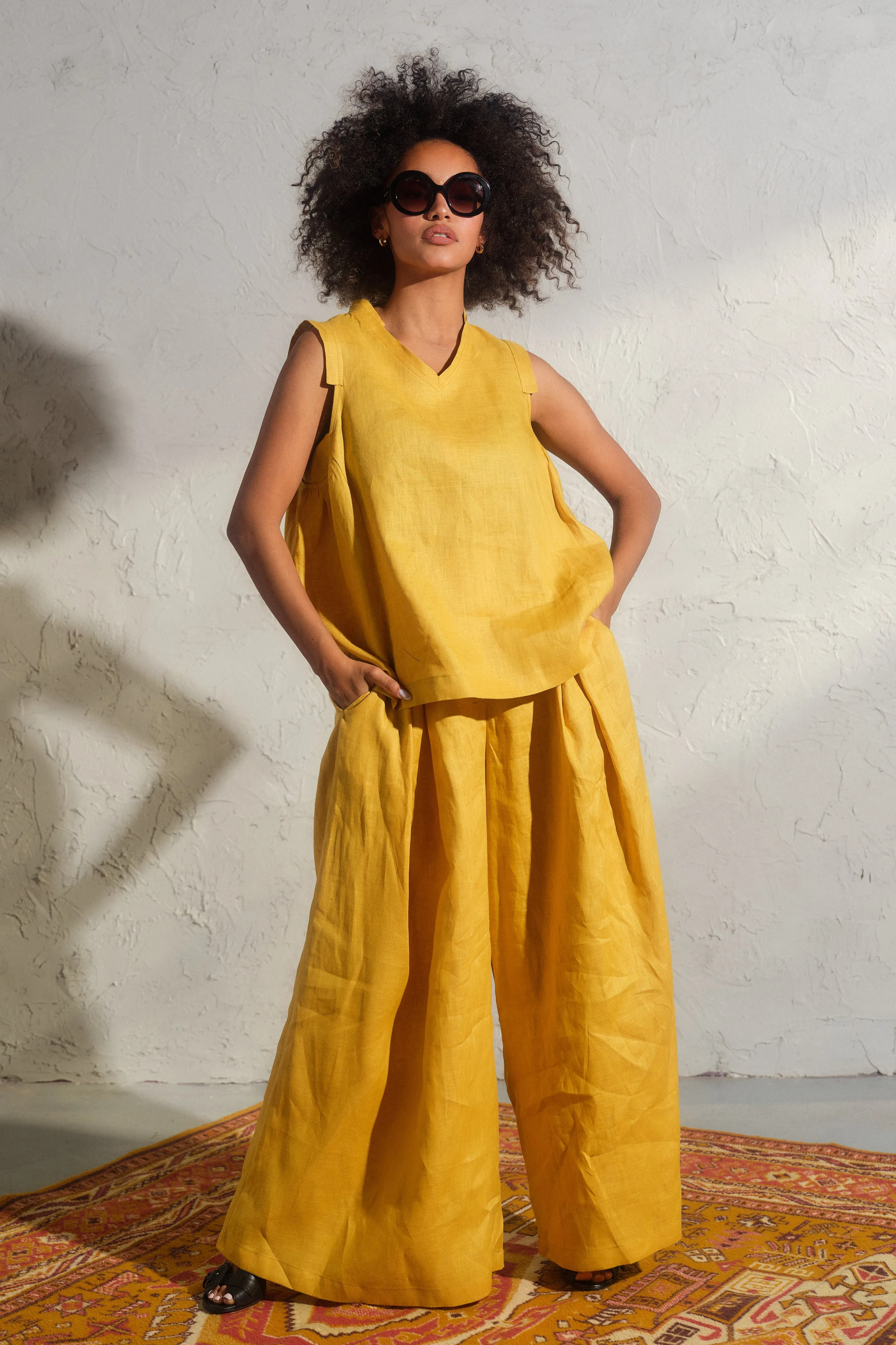 Wide leg linen skirt pants with pleats in Mustard