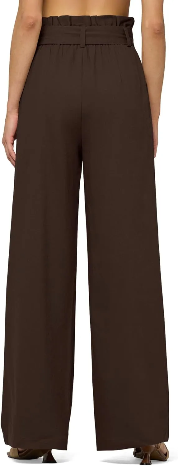 Willit Women Linen Pants Casual Wide Leg Dress Pants High Waisted Paperbag Work Trousers Summer Tie Knot Pockets 28"/30"/32''