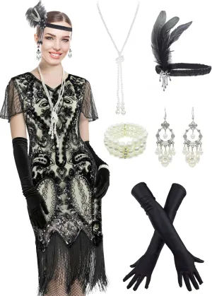 Women 1920s Gatsby Vintage Sequin Flapper Fringe Party Plus Dress with 20s Accessories Set