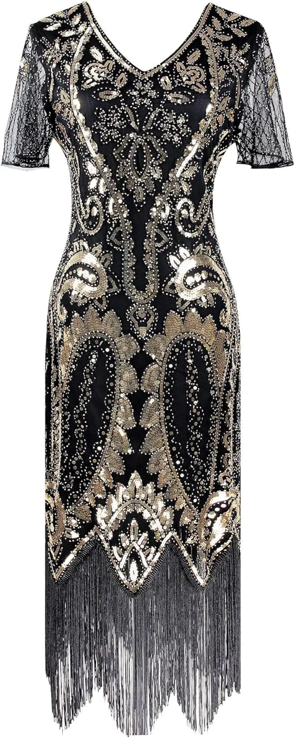 Women 1920s Gatsby Vintage Sequin Flapper Fringe Party Plus Dress with 20s Accessories Set