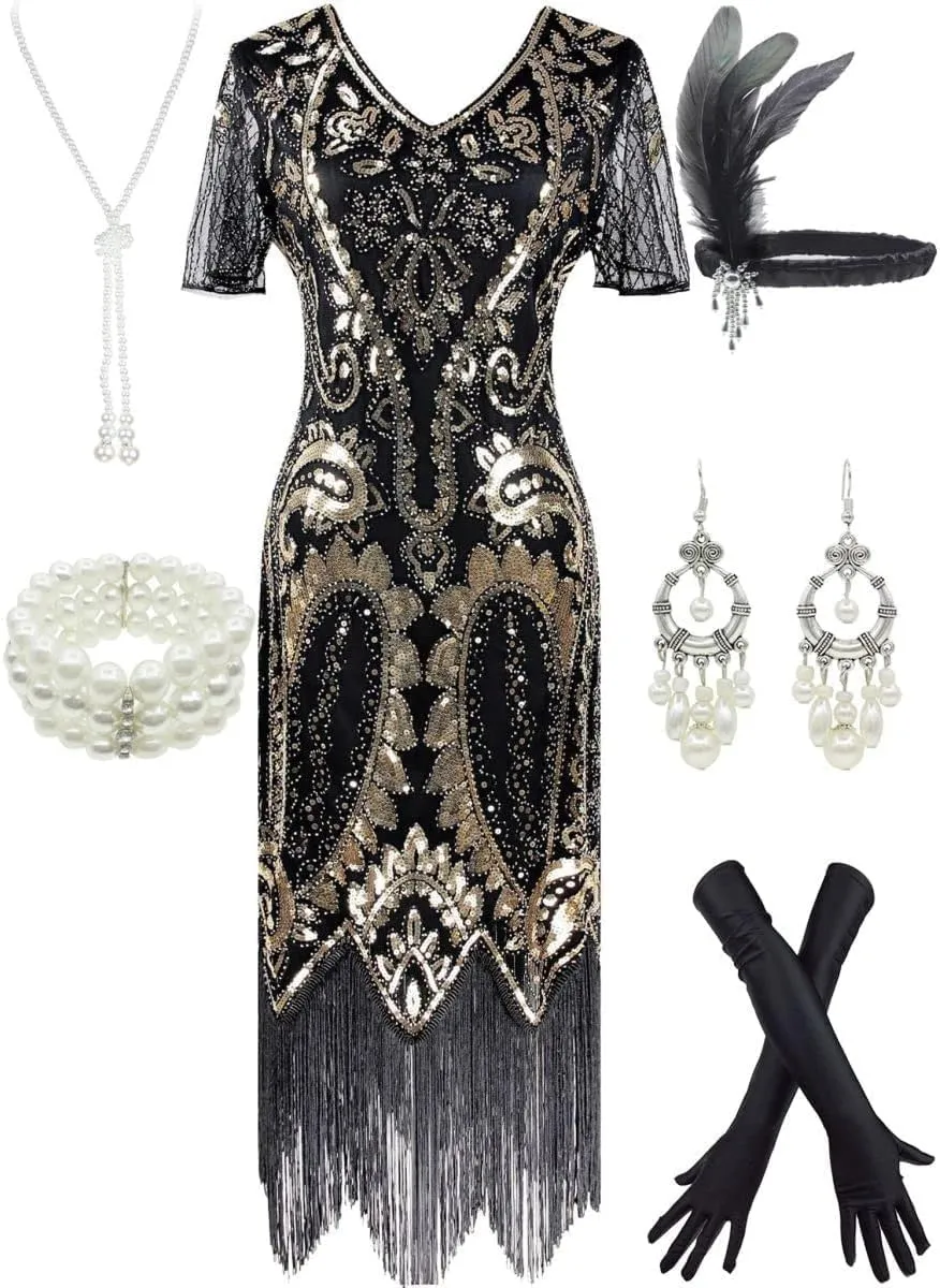 Women 1920s Gatsby Vintage Sequin Flapper Fringe Party Plus Dress with 20s Accessories Set