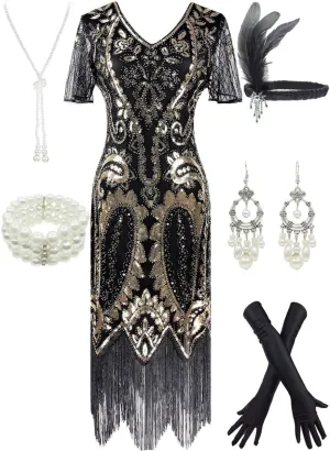 Women 1920s Gatsby Vintage Sequin Flapper Fringe Party Plus Dress with 20s Accessories Set