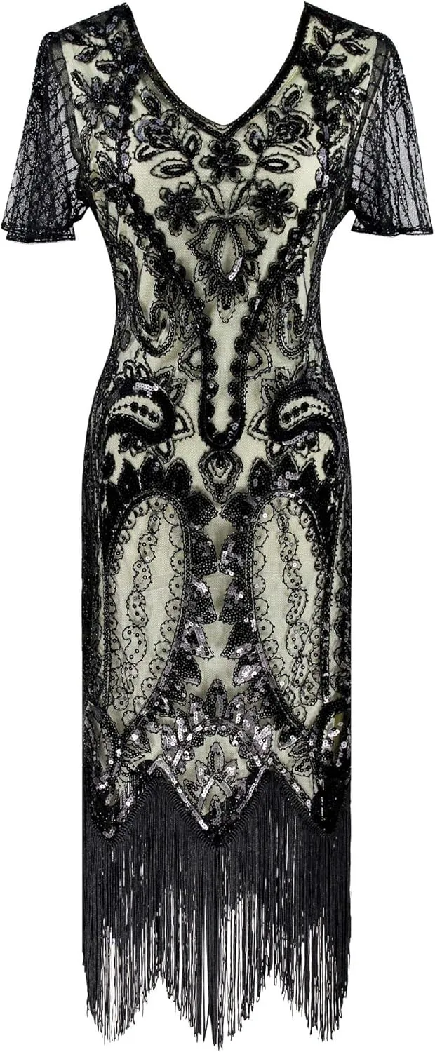 Women 1920s Gatsby Vintage Sequin Flapper Fringe Party Plus Dress with 20s Accessories Set