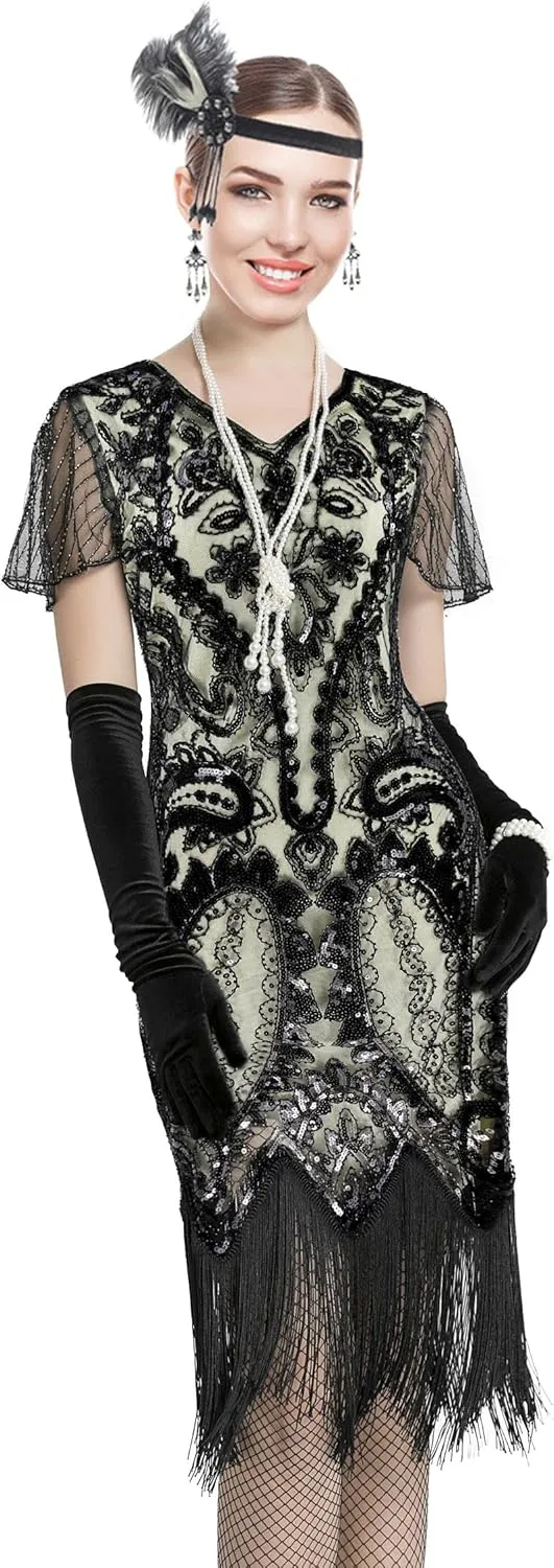 Women 1920s Gatsby Vintage Sequin Flapper Fringe Party Plus Dress with 20s Accessories Set