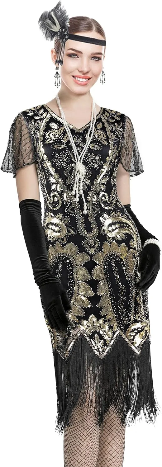 Women 1920s Gatsby Vintage Sequin Flapper Fringe Party Plus Dress with 20s Accessories Set