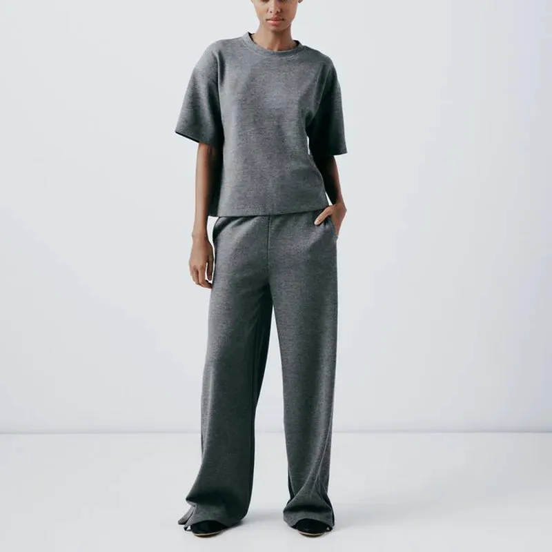 Women Relaxed Fit Lounge Set Zippered Pants & T-Shirt