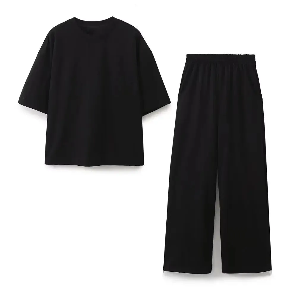 Women Relaxed Fit Lounge Set Zippered Pants & T-Shirt