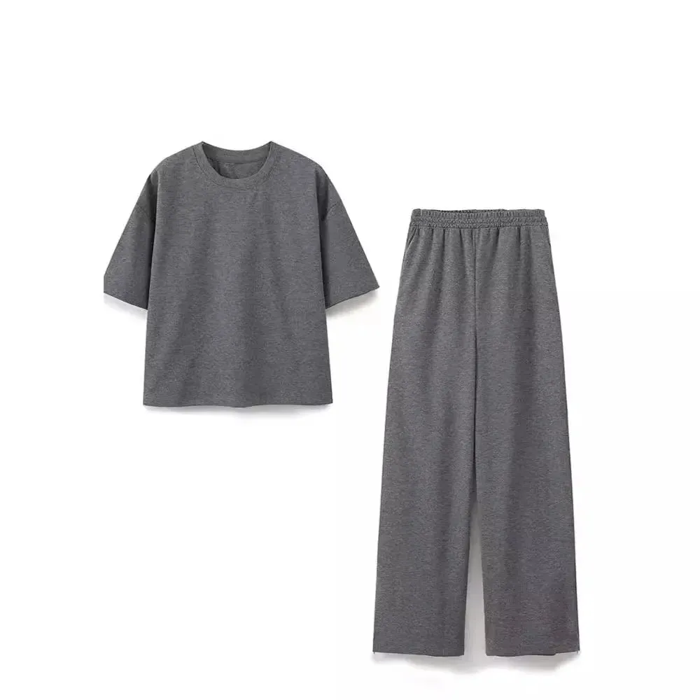 Women Relaxed Fit Lounge Set Zippered Pants & T-Shirt