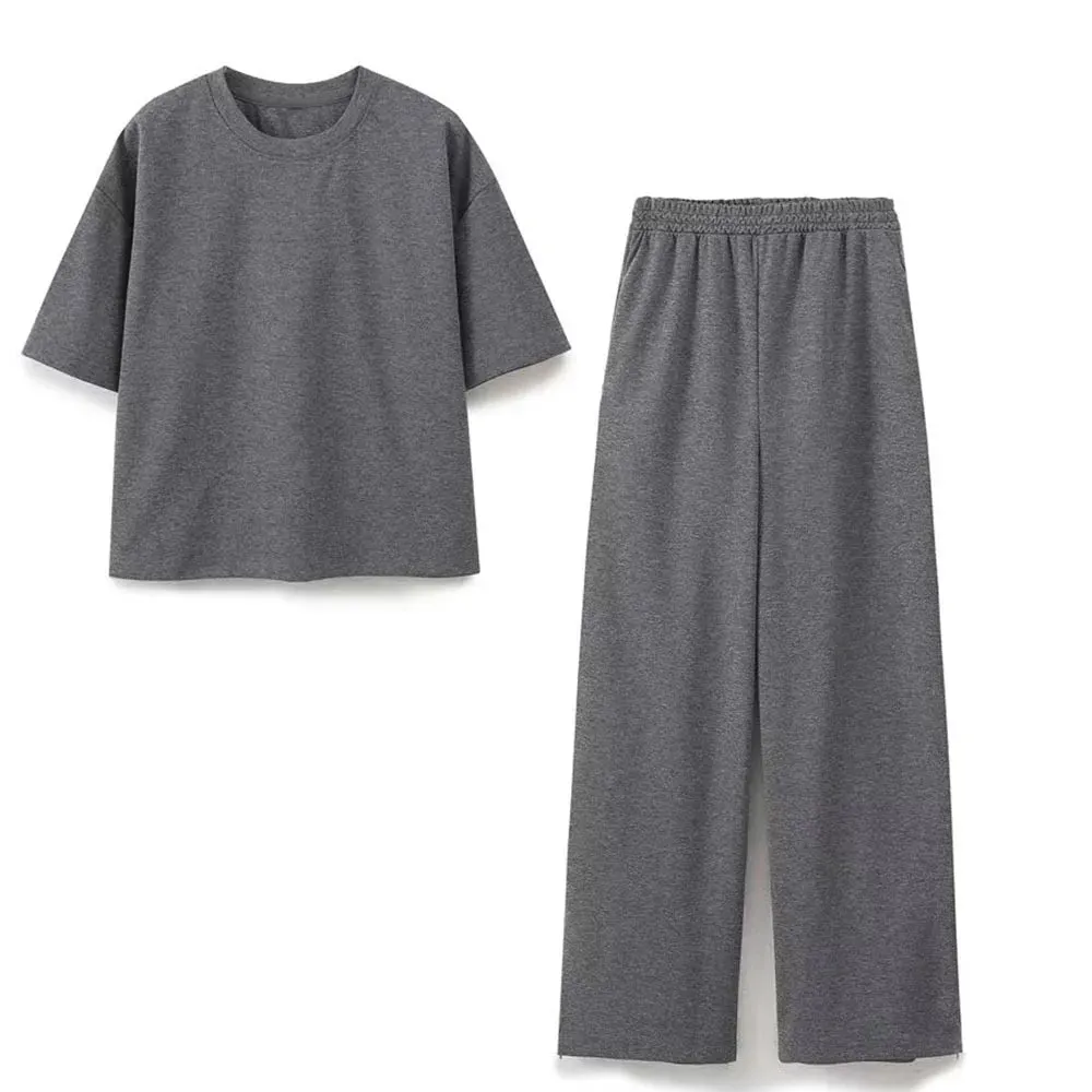 Women Relaxed Fit Lounge Set Zippered Pants & T-Shirt