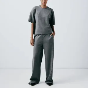 Women Relaxed Fit Lounge Set Zippered Pants & T-Shirt