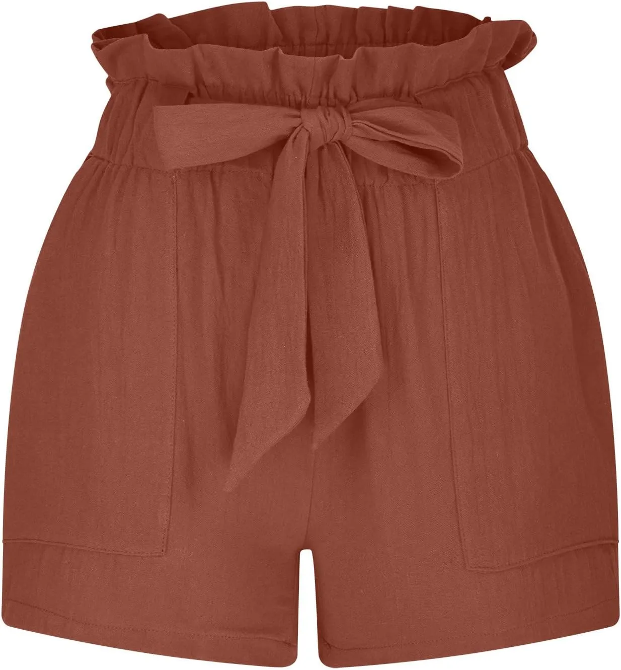 Women Summer Linen Blend Shorts 2023 Ruffle Hight Waisted Shorts Casual Solid Front Bow Belted Paperbag Shorts Beach Holiday