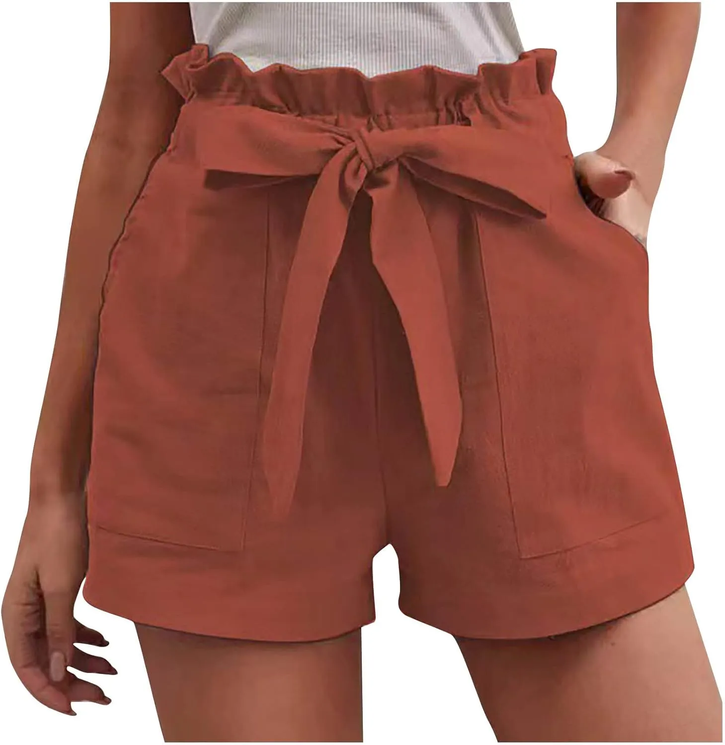 Women Summer Linen Blend Shorts 2023 Ruffle Hight Waisted Shorts Casual Solid Front Bow Belted Paperbag Shorts Beach Holiday