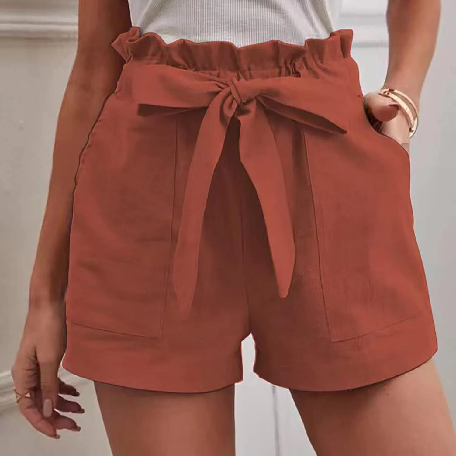 Women Summer Linen Blend Shorts 2023 Ruffle Hight Waisted Shorts Casual Solid Front Bow Belted Paperbag Shorts Beach Holiday