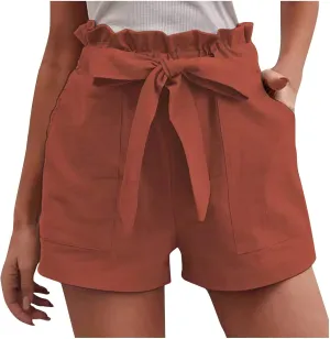 Women Summer Linen Blend Shorts 2023 Ruffle Hight Waisted Shorts Casual Solid Front Bow Belted Paperbag Shorts Beach Holiday