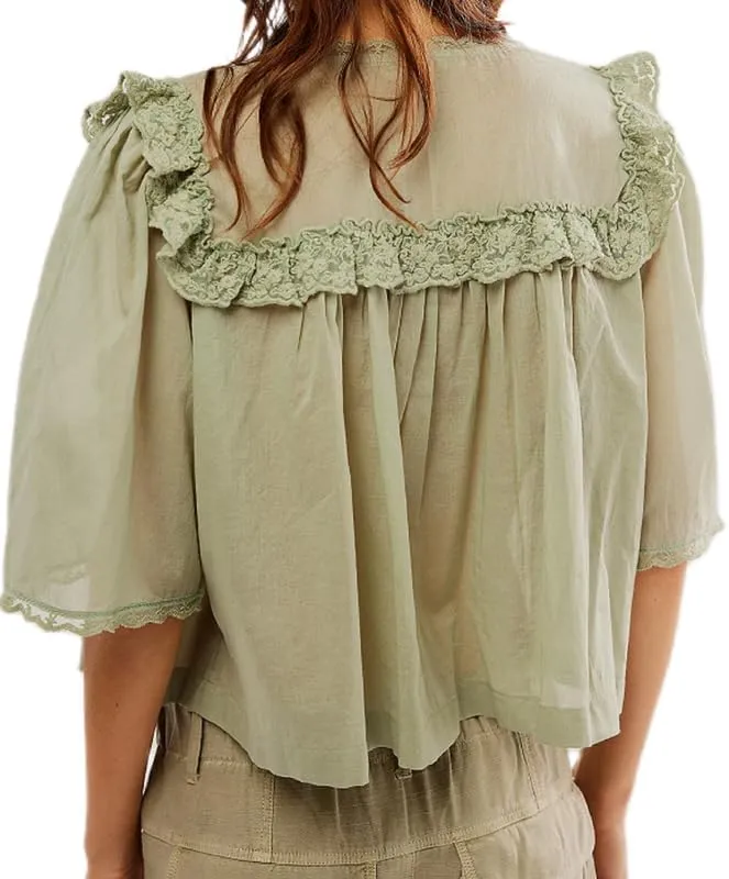 Women Y2K See Through Peplum Shirt Ruffle Lace Trim Buttons Tops Short Sleeve Doll Collar Babydoll Blouse Streetwear
