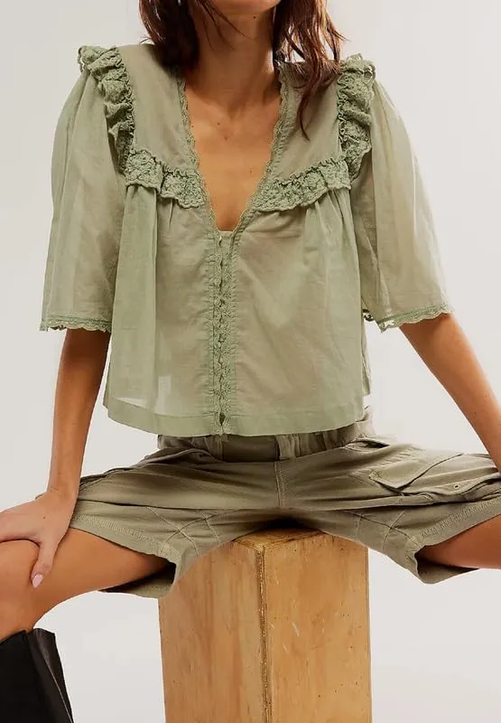 Women Y2K See Through Peplum Shirt Ruffle Lace Trim Buttons Tops Short Sleeve Doll Collar Babydoll Blouse Streetwear