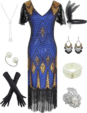 Women's 1920s Gatsby Inspired Sequin Beads Long Fringe Flapper Dress w/Accessories Set