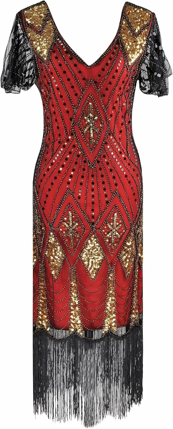 Women's 1920s Gatsby Inspired Sequin Beads Long Fringe Flapper Dress w/Accessories Set