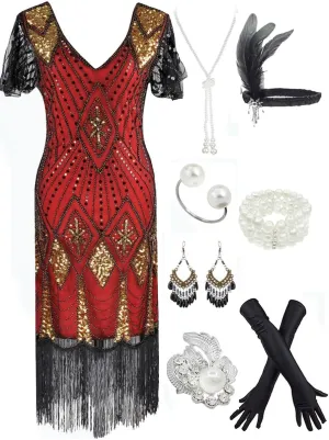 Women's 1920s Gatsby Inspired Sequin Beads Long Fringe Flapper Dress w/Accessories Set