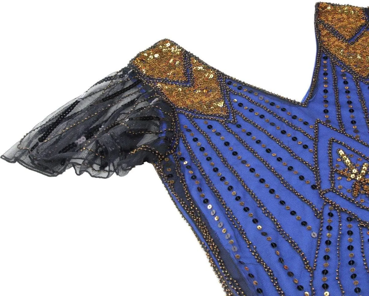 Women's 1920s Gatsby Inspired Sequin Beads Long Fringe Flapper Dress w/Accessories Set