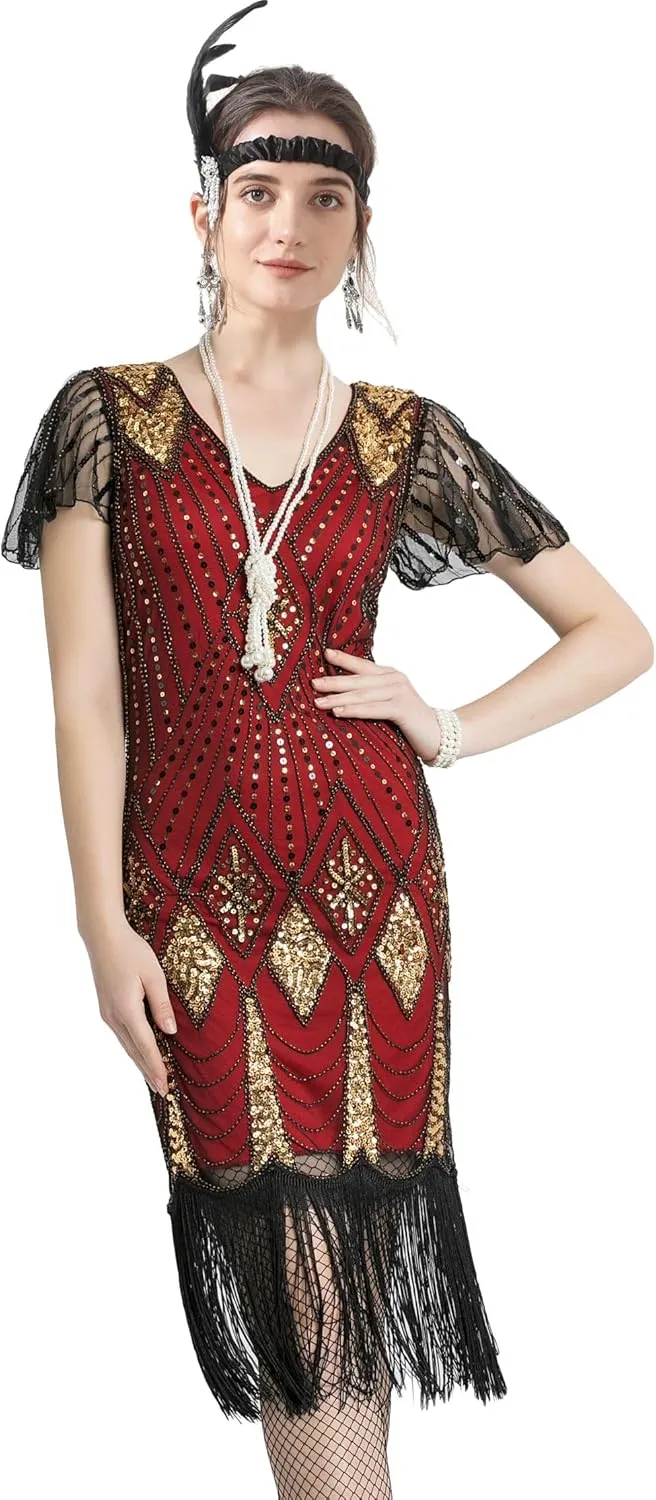 Women's 1920s Gatsby Inspired Sequin Beads Long Fringe Flapper Dress w/Accessories Set