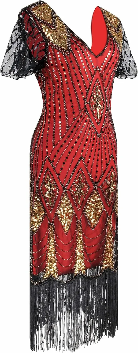 Women's 1920s Gatsby Inspired Sequin Beads Long Fringe Flapper Dress w/Accessories Set