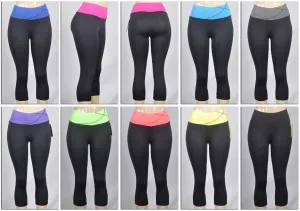 women's athletic capri yoga pants - black w/ colored waist bands Case of 72